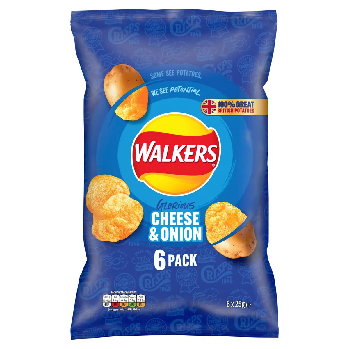 Walkers Cheese & Onion Multipack Crisps 6x25g - Moo Local