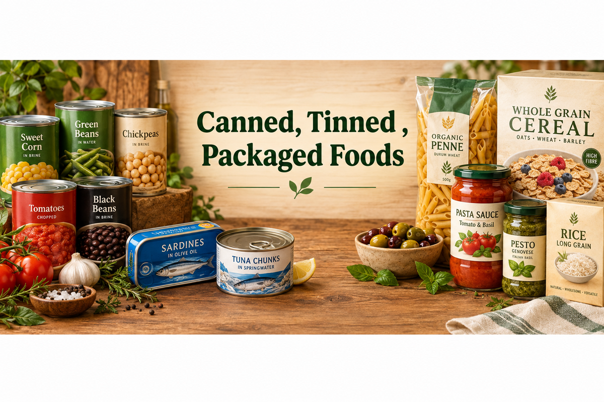 Canned, Tinned , Packaged Foods