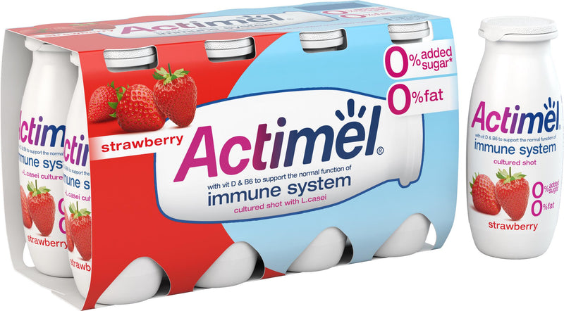 Actimel Strawberry 0% Added Sugar Fat Free Yogurt Drink 8x100g