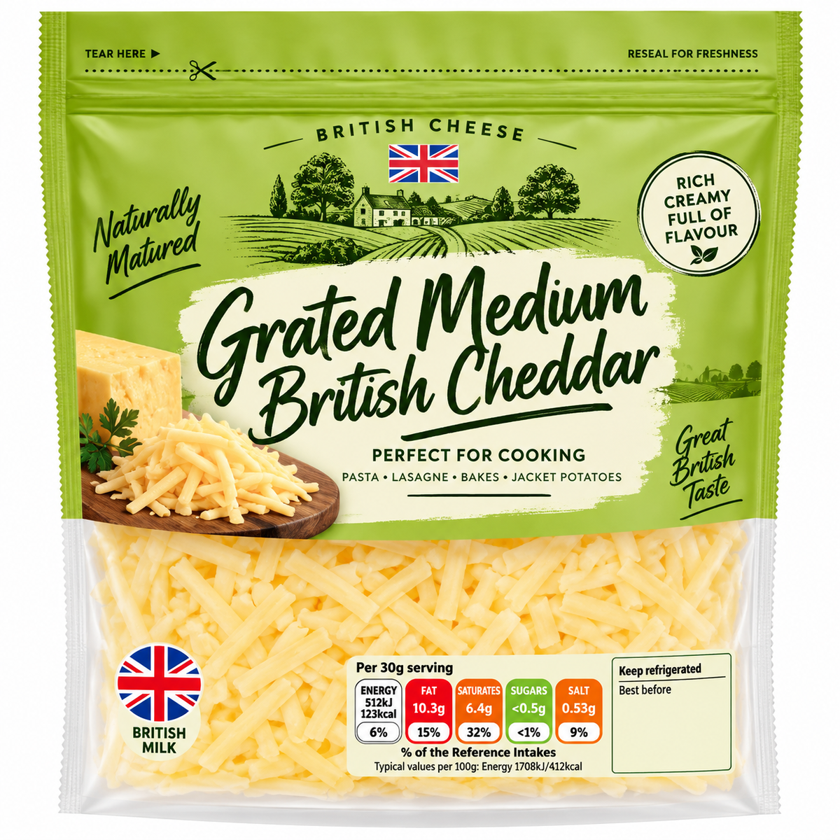 British Medium Grated Cheddar Cheese 500g