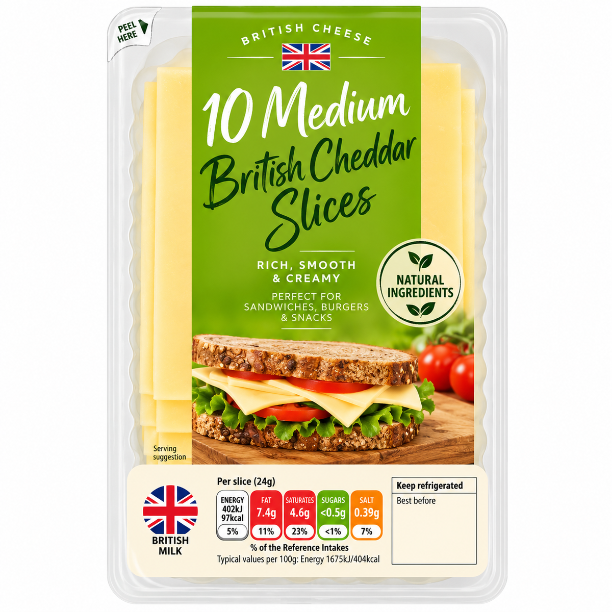 British Medium Cheddar Cheese Slices 240g