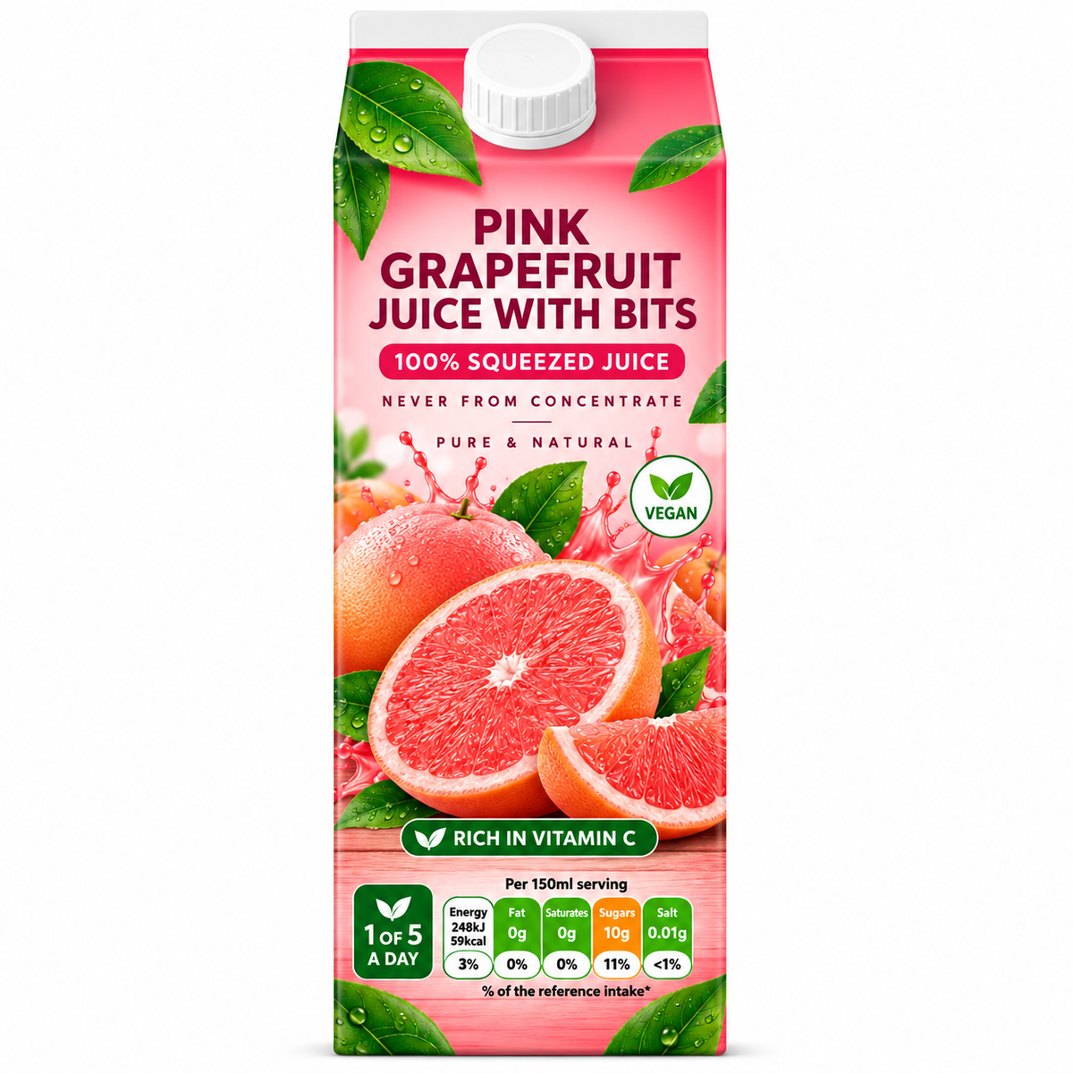 Pure Squeezed 100% Pink Grapefruit Juice With Bits, Not From Concentrate 1 Litre
