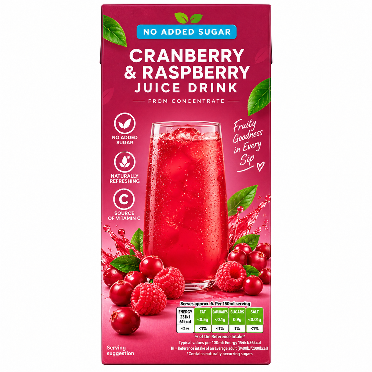 Cranberry & Raspberry Juice Drink, No Added Sugar 1 Litre