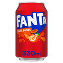 A can of Fanta Fruit Twist sparkling soft drink with a red background featuring an image of an orange slice and the text '330ml'.