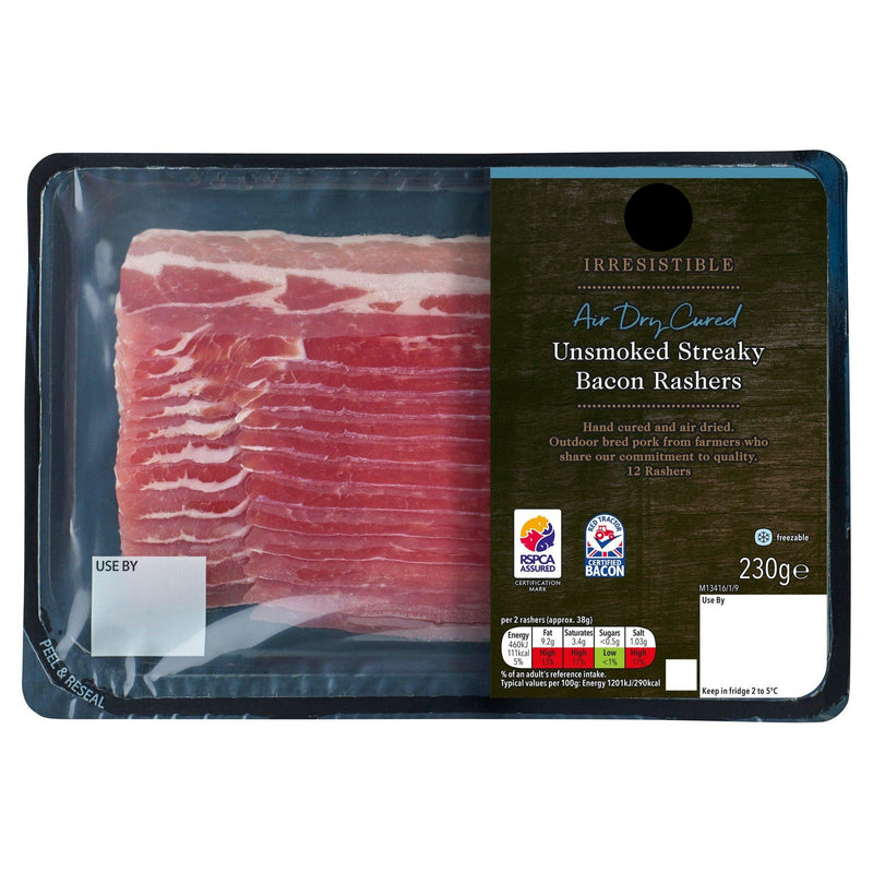 Dry Cured Unsmoked Streaky Bacon Rashers 200g