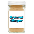 Jar of ground ginger with a white lid on a white background