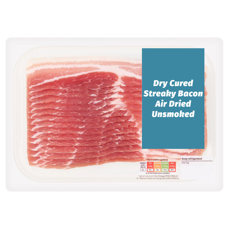 Dry Cured Unsmoked Streaky Bacon Rashers 200g