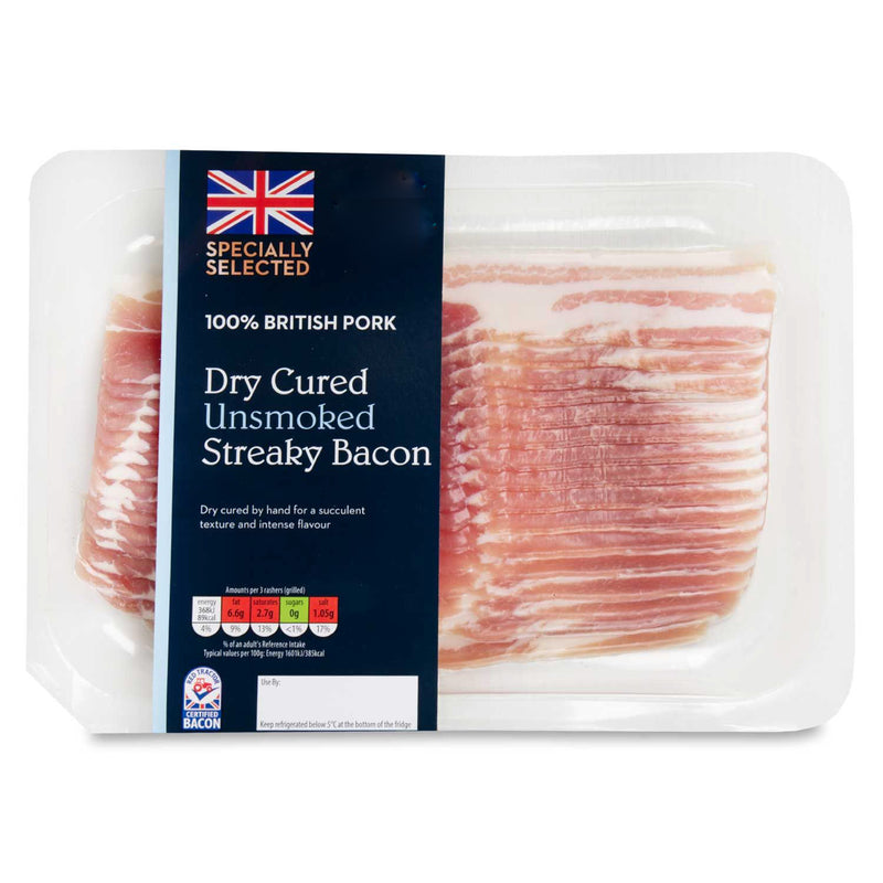 Dry Cured Unsmoked Streaky Bacon Rashers 200g - Moo Local